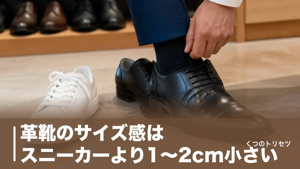 革靴のサイズ感はスニーカーより1〜2cm小さい｜JIS早見表と失敗しない選び方のアイキャッチ画像